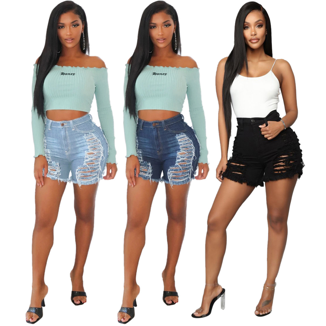 fashion self-cultivation all-match washable hole stretch denim shorts NSSF64063