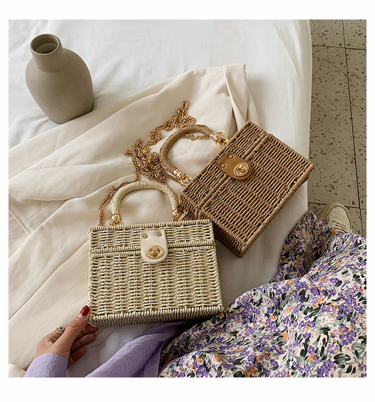 Medium Size Medium Straw Solid Color Square Buckle Straw Bag