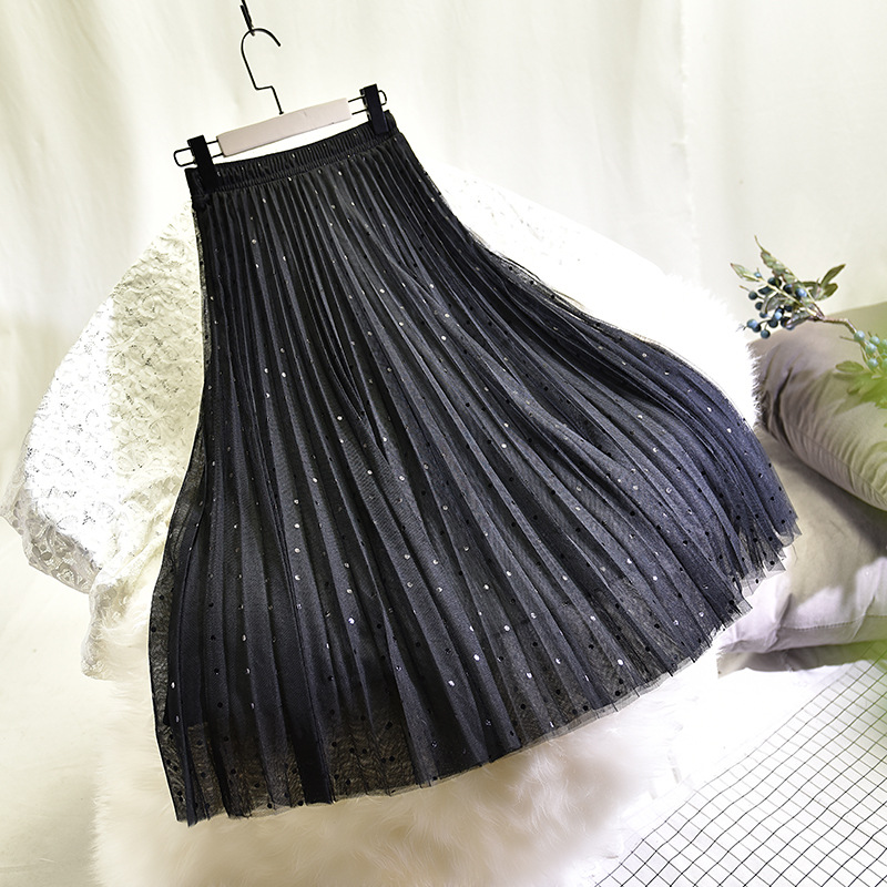 Dameskleding Mesh polkadot rok herfst nieuwe geplooide rok mesh rok vrouwelijke halve lengte a-lijn midi rok_voghion.com