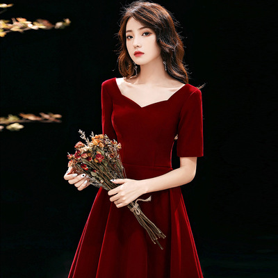 敬酒服新娘酒红色丝绒订婚礼服回门连衣裙平时可穿小个子法式礼服|ms