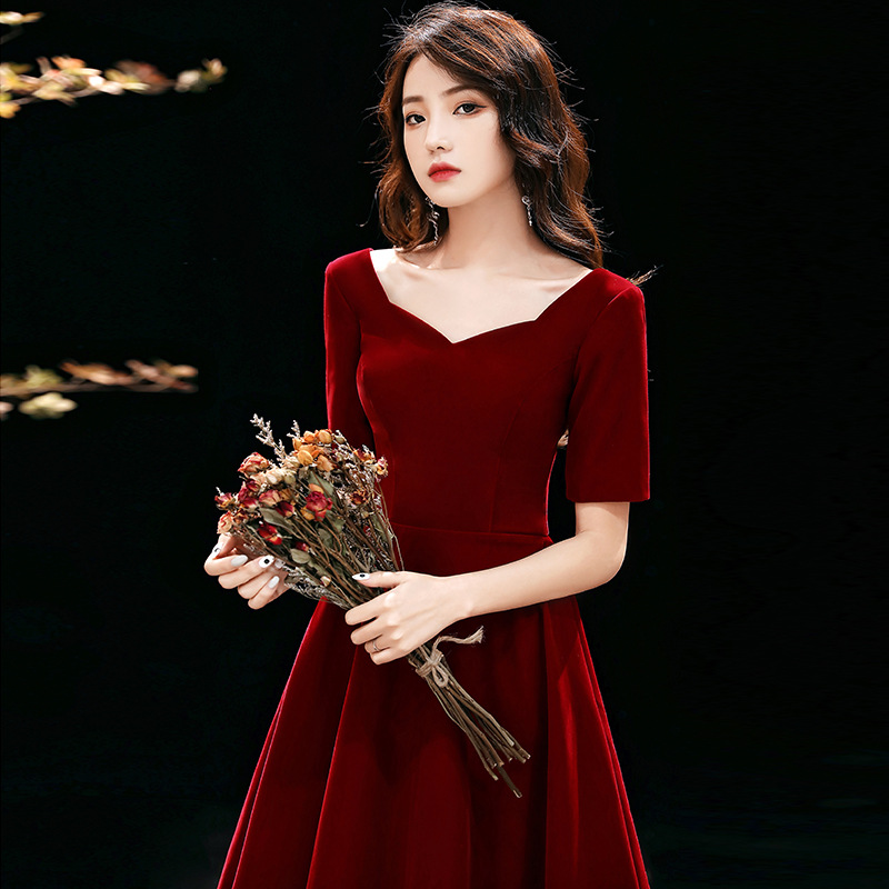 敬酒服新娘酒红色丝绒订婚礼服回门连衣裙平时可穿小个子法式礼服|ms