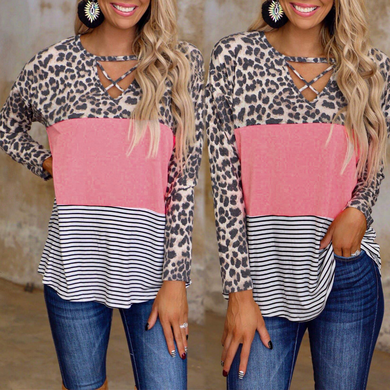 printing leopard stitching long-sleeved V-neck casual top NSZH19530