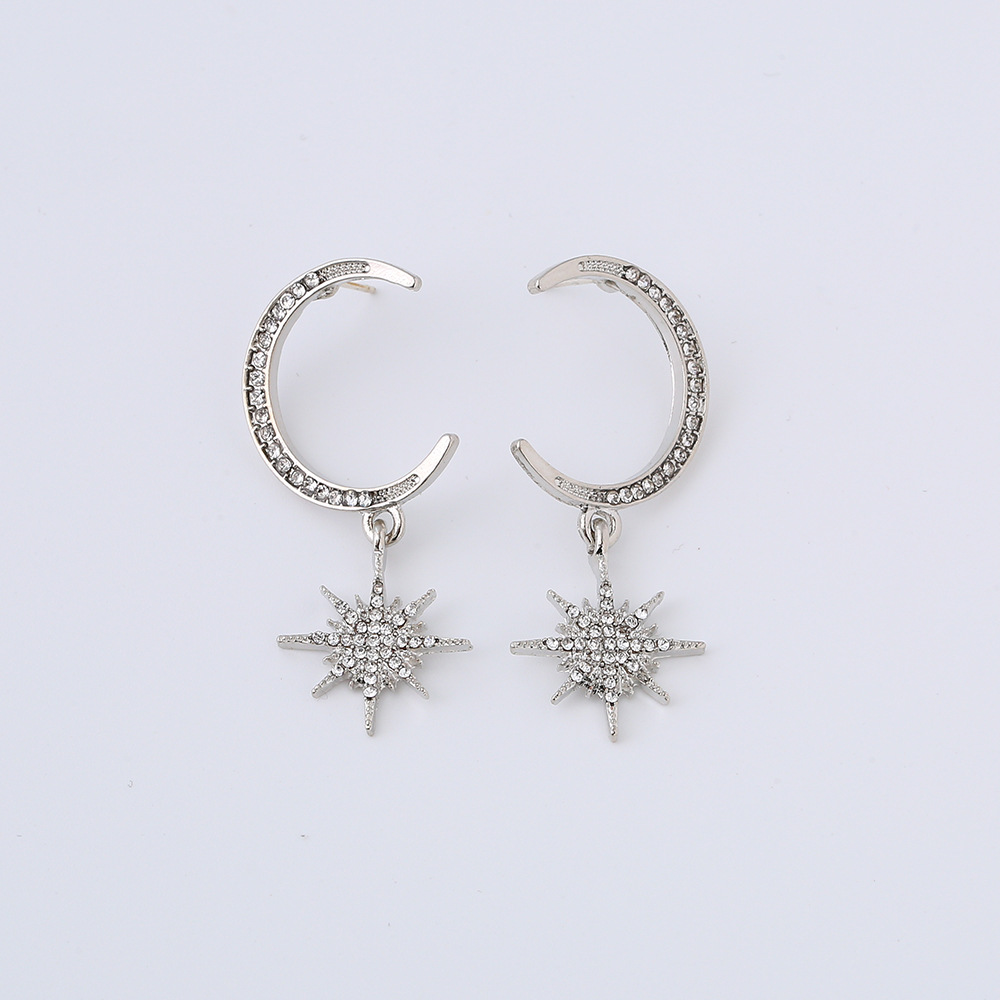 Fashion Simple Diamond Eight-pointed Star Moon Earrings Alloy Earrring Crescent Star Earrings S925 Silver Needle Earrings Nihaojewelry display picture 8