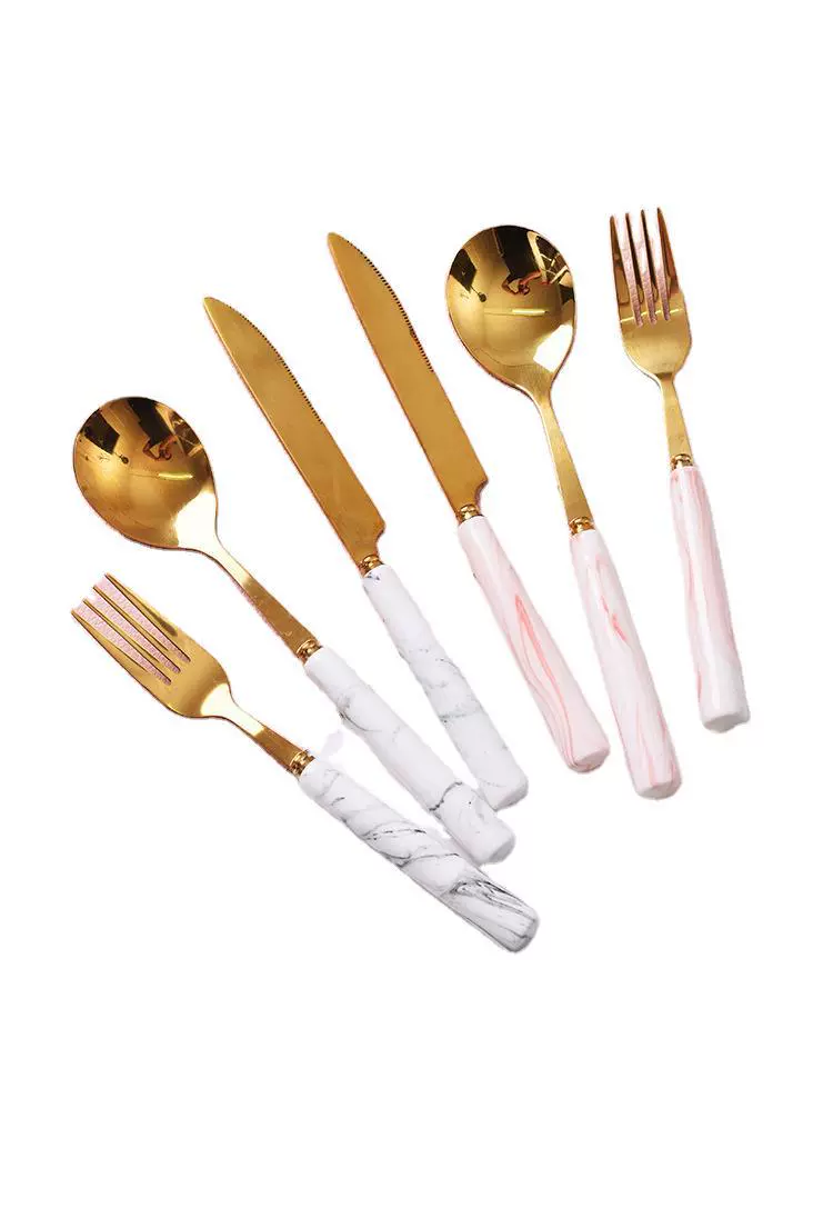 Tableware stainless steel — Ceramic-handle cutlery, marble patterns, coffee & fruit forks, 5-piece sets