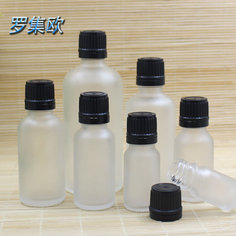 透明磨砂精油瓶玻璃调试分装空瓶黑防盗盖5ml-100ml化妆品包装瓶