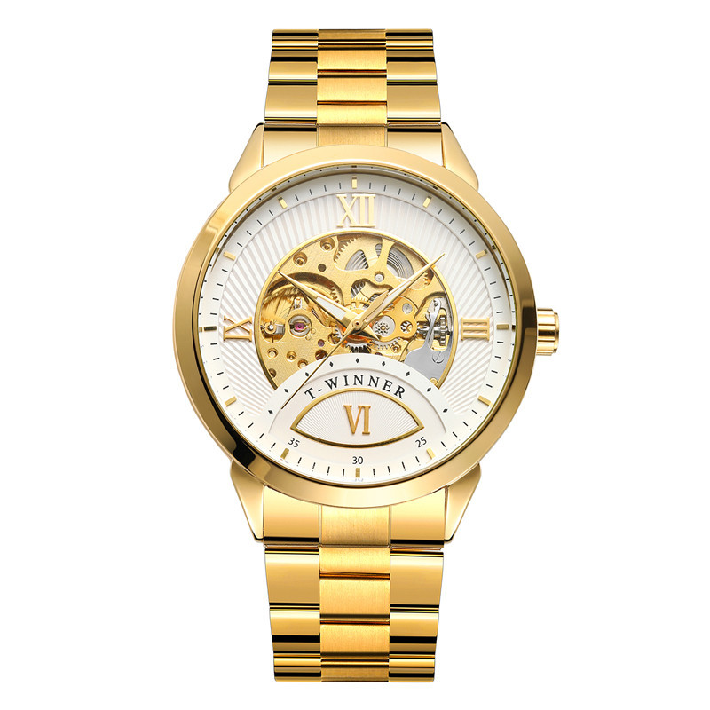 Winner8183 reloj mecánico automático para hombres reloj mecánico de negocios correa de acero reloj mecánico de fondo transparente hueco