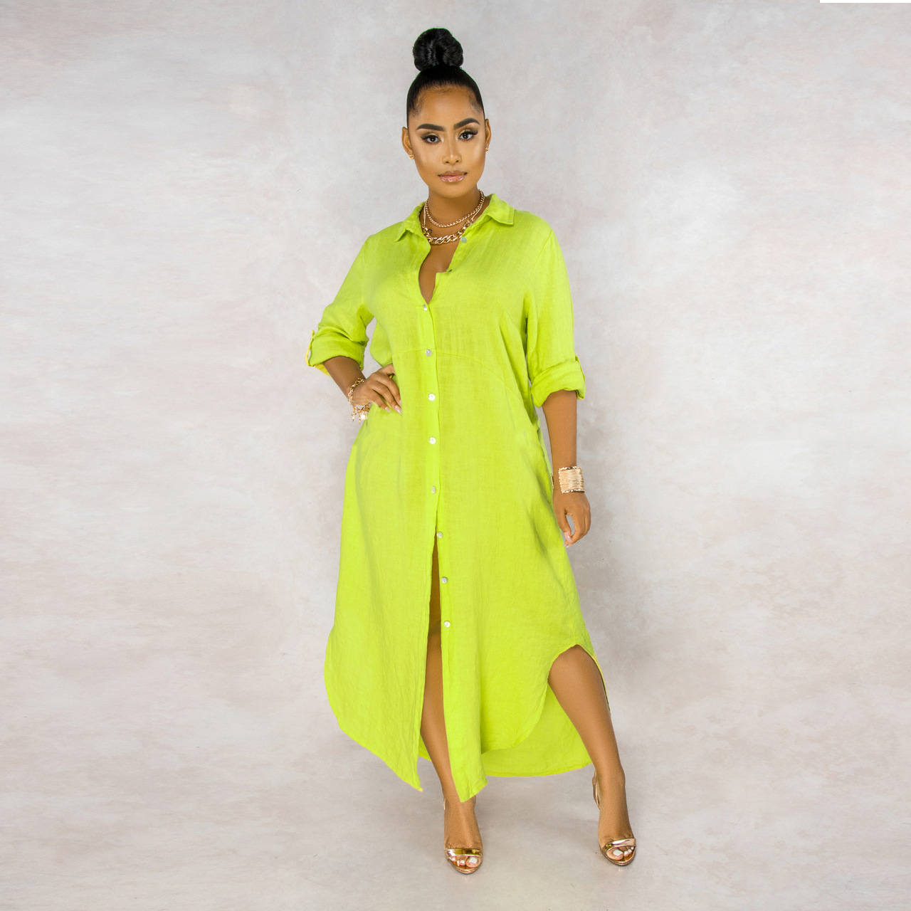 solid color long sleeve loose single-breasted shirt dress NSMRF137195