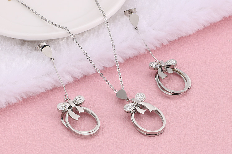 Japanese and Korean New Fresh Fashion Titanium Steel Bow Geometric Hollow Necklace Earrings Womenu00