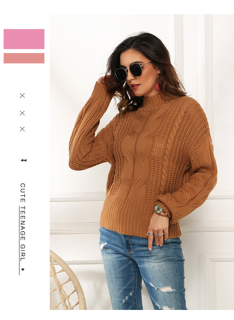 hot style women s plus size fluorescent color long-sleeved knit sweater loose half high neck pullover NSYH7182