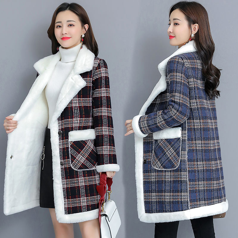 Cross border cotton-padded clothes coat Autumn and winter Plush thickening Mid length version Sherpa Korean version of the popular printing overcoat