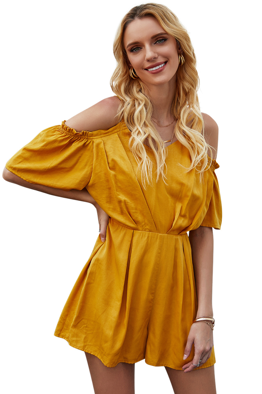 summer new solid color one-shoulder sling pleated jumpsuit  NSDF119