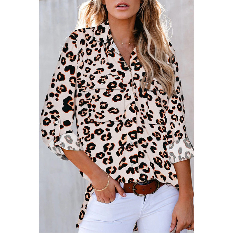 camisa informal holgada de manga tres cuartos con estampado de leopardo NSKX5908