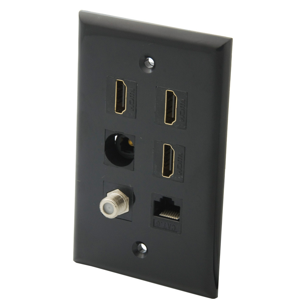 美式 黑色 6口 HDMI CAT6 TOSLINK F RG6 TV 组合面板 可定制