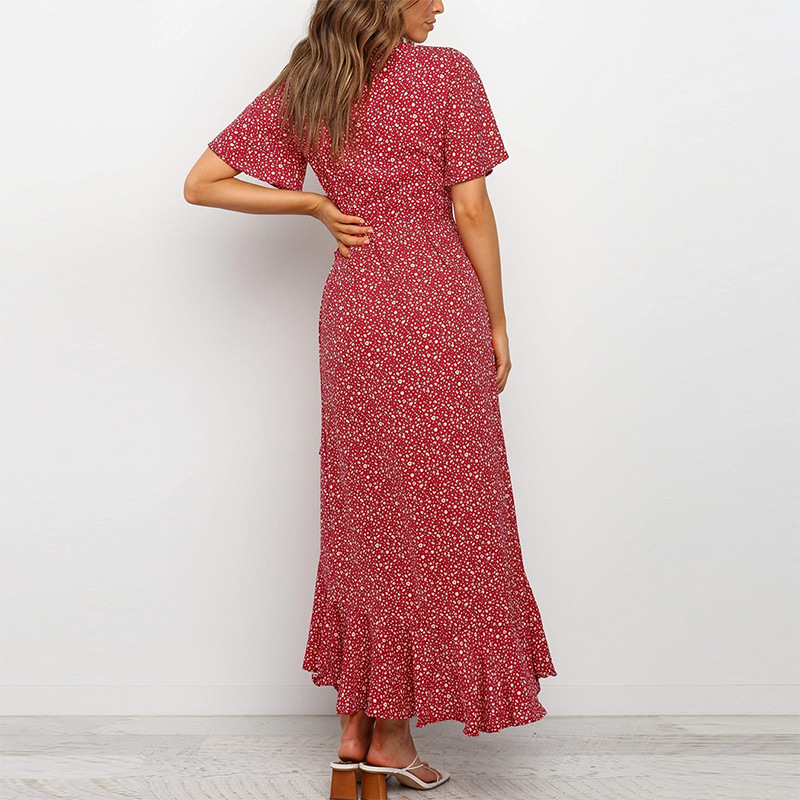 casual printed chiffon V-neck high-waist lace-up dress  NSGE37771