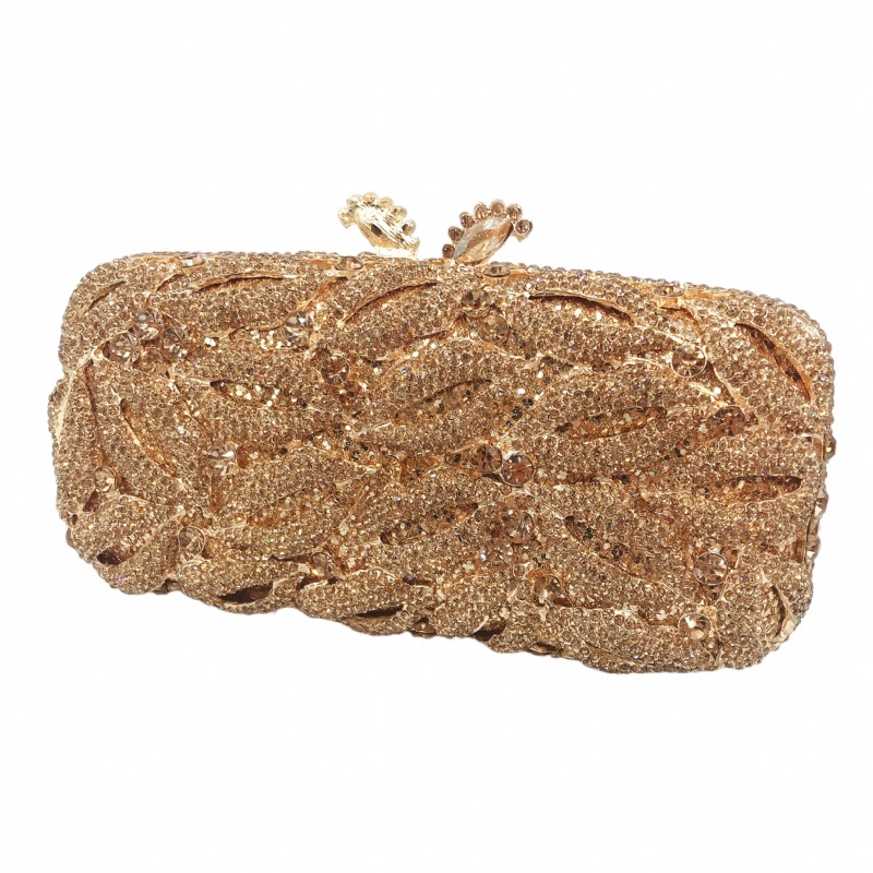 Túi clutch nữ đính đá kim cương dạ hội kim loại cắt gọt, kèm dây xương cá 48 cm — màu vàng, đen đỏ, màu đen, Kim cương vàng trên vàng chi tiết 13