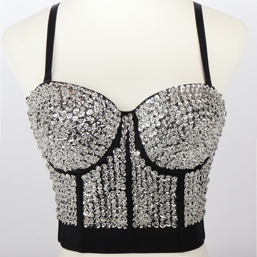 Women's Diamond bling jazz dance bra tops Bar stage chest wrapped Sequin show dress shaping corset chest pad suspender vest female fashion