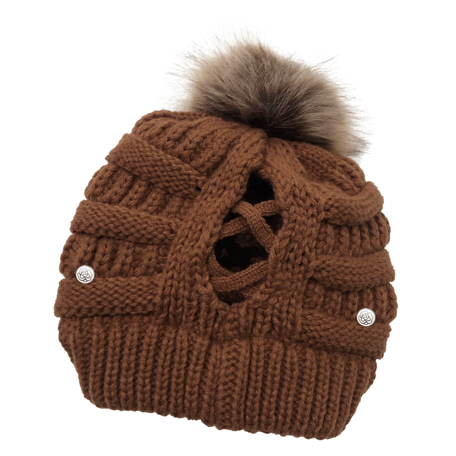 Crochet Ponytail Hat With Fur Pom Pom Mask Button Hat Hot Selling Knitted Hat Wool Ball Wool Hat Criss-cross