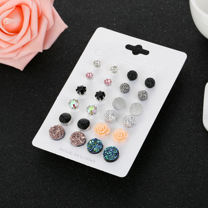 Hot Sale Mixed Color 12 Pairs Round Rhinestone Crystal Flower Earrings display picture 4