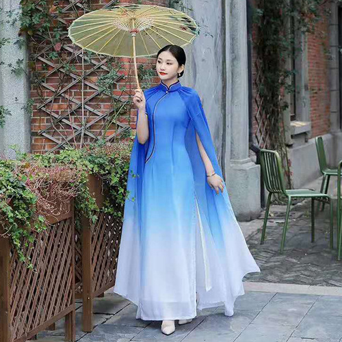 Women royal blue violet gradient chinese dresses qipao Show cheongsam women performance CAPE DRESS ancient cheongsam