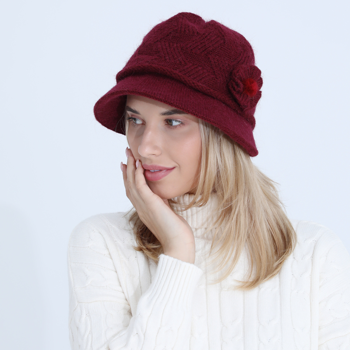 Gestrickte Damen Mütze Mit Kaninchenhaar Warm Für Den Winter_voghion.com