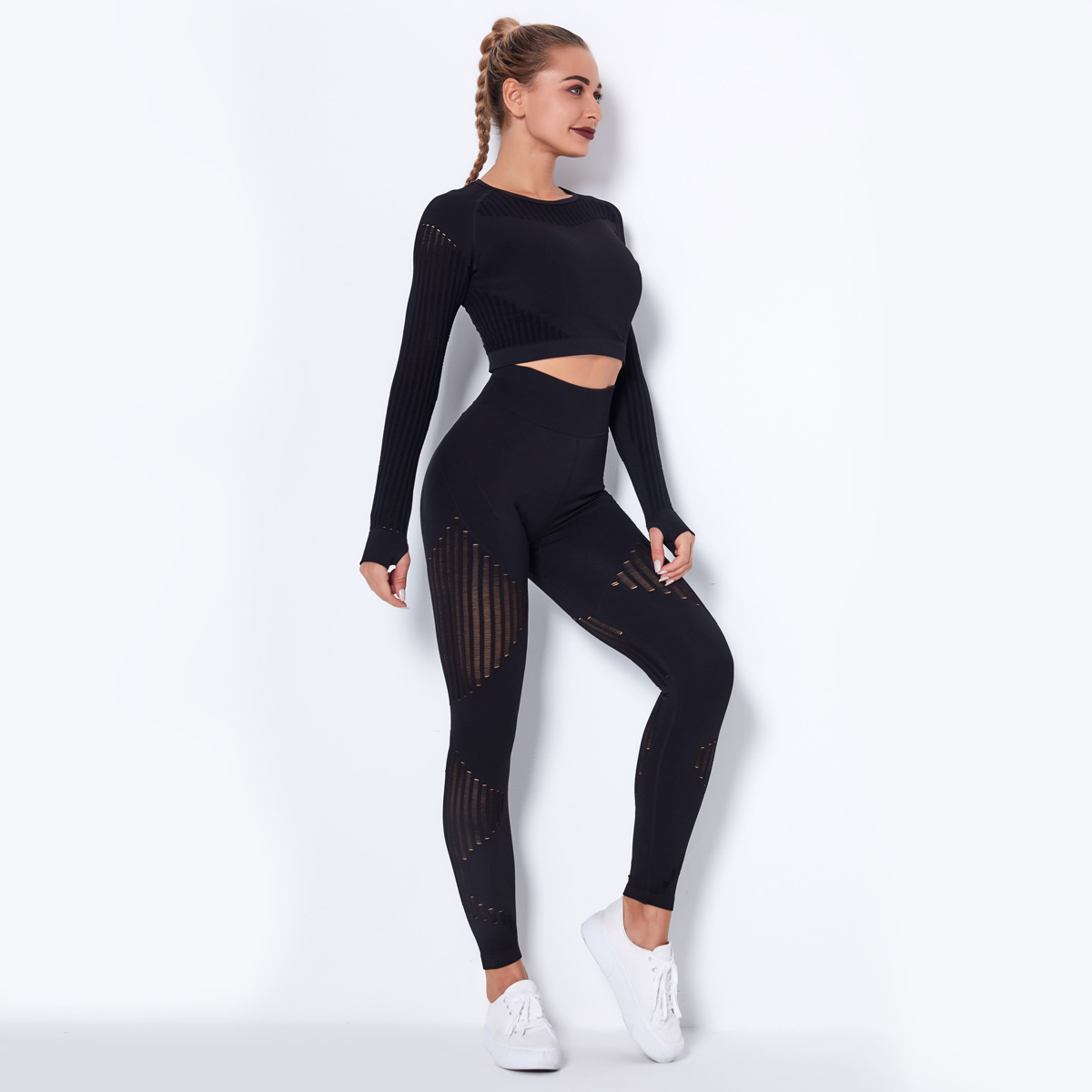 Seamless Mesh Quick-Drying Long Sleeve Striped Yoga Suit NSNS10714