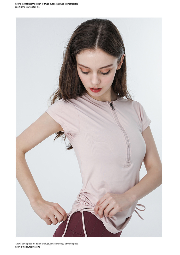 T-shirt à manches courtes à cordon de serrage européen et américain, vêtements de yoga, haut pour femmes, vêtements de fitness, de course à pied, slim et minces_voghion.com