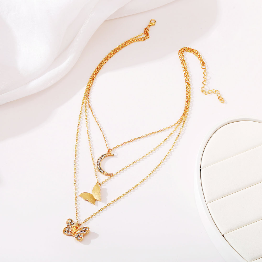new inlaid rhinestone butterfly creative simple alloy three-layer necklace