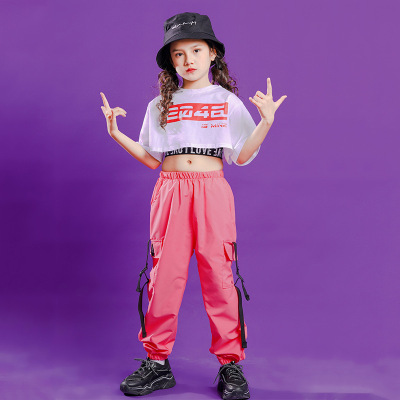 Children girls kids pink rapper jazz dance costumes children dance suit girls show waist short-sleeved summer clothing hip-hop street dance outfits