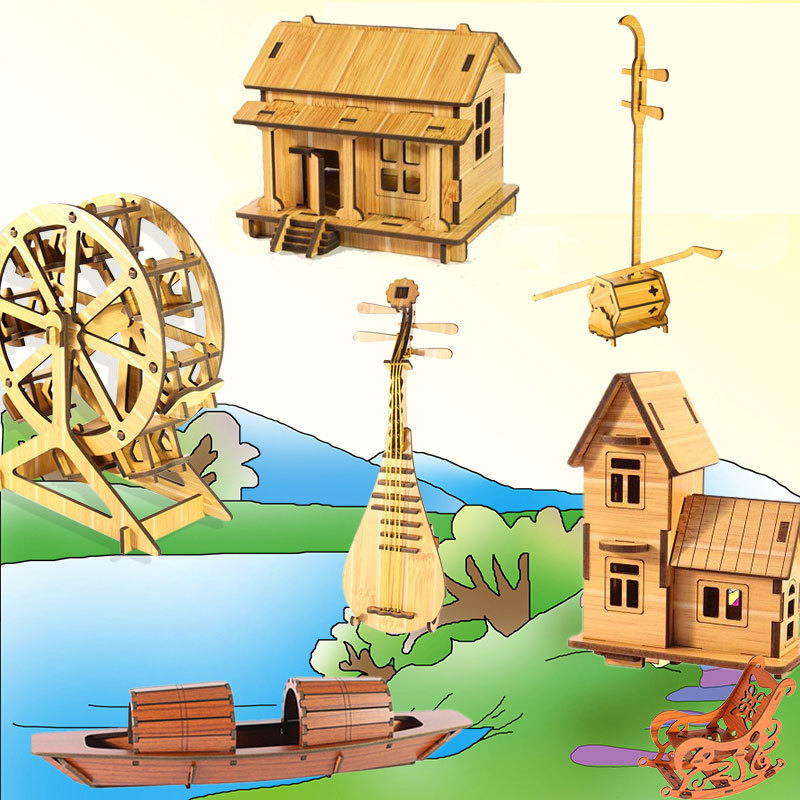Wooden 3D Puzzle Small House Building Musical Instrument Vehicle Assembled Model DIY Gift Ornaments
