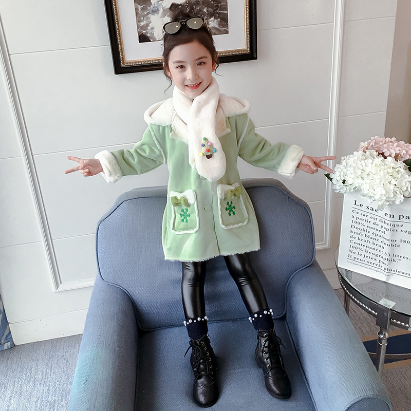 送围脖女童外套加绒加厚2020新款洋气童装中大童女孩秋冬保暖外衣