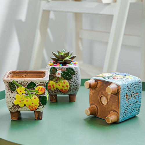 Featured square creative cute cartoon ceramic succulent plant pot with feet square succulent ceramic flower pot hand-painted pot
