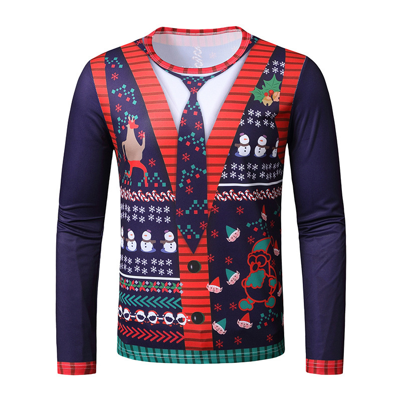 新款3D个性假两件印花时尚男士圣诞节长袖T恤 T42