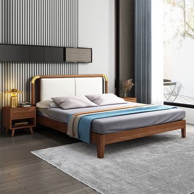 胡桃木实木床软包现代简约主卧经济型1.5单人1.8米北欧轻奢双人床|ms