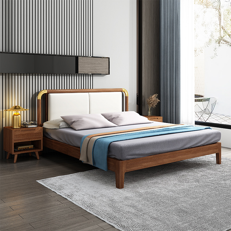 胡桃木实木床软包现代简约主卧经济型1.5单人1.8米北欧轻奢双人床|ms