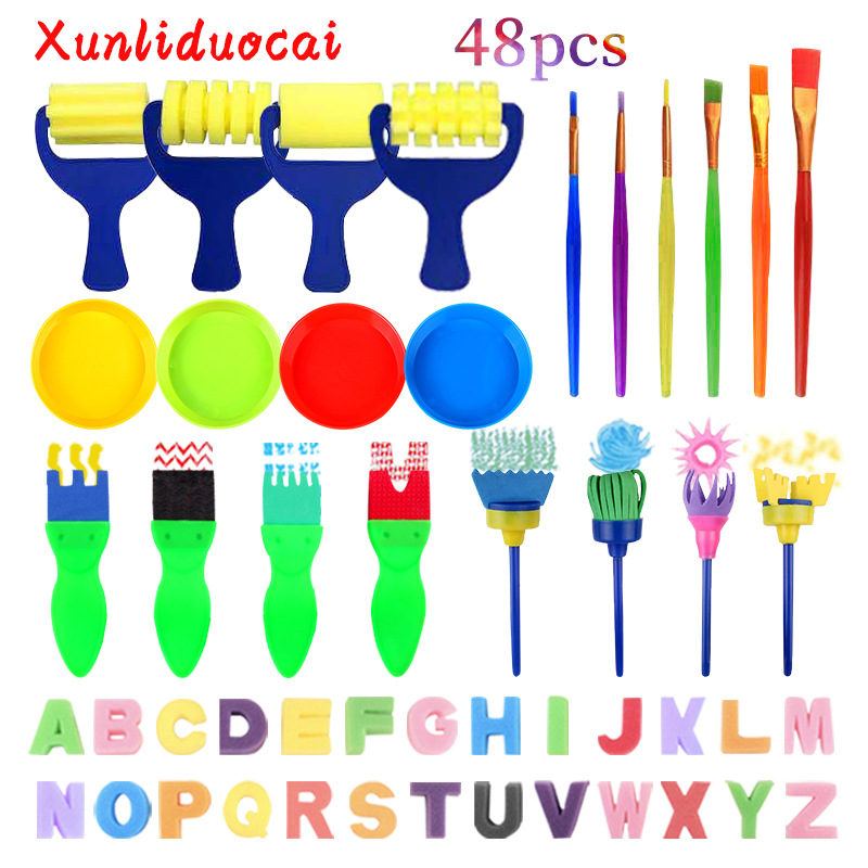 跨境热卖亚马逊儿童EVA绘画海绵刷48件套海绵印章幼儿园早教用品