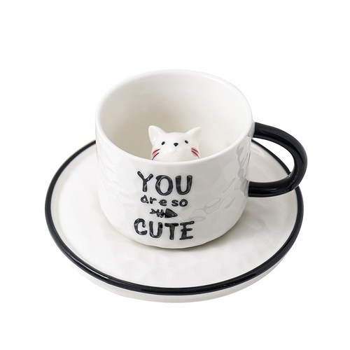 创意卡通浮雕陶瓷杯小动物马克杯杯内猫咪咖啡杯带杯碟家用牛奶杯