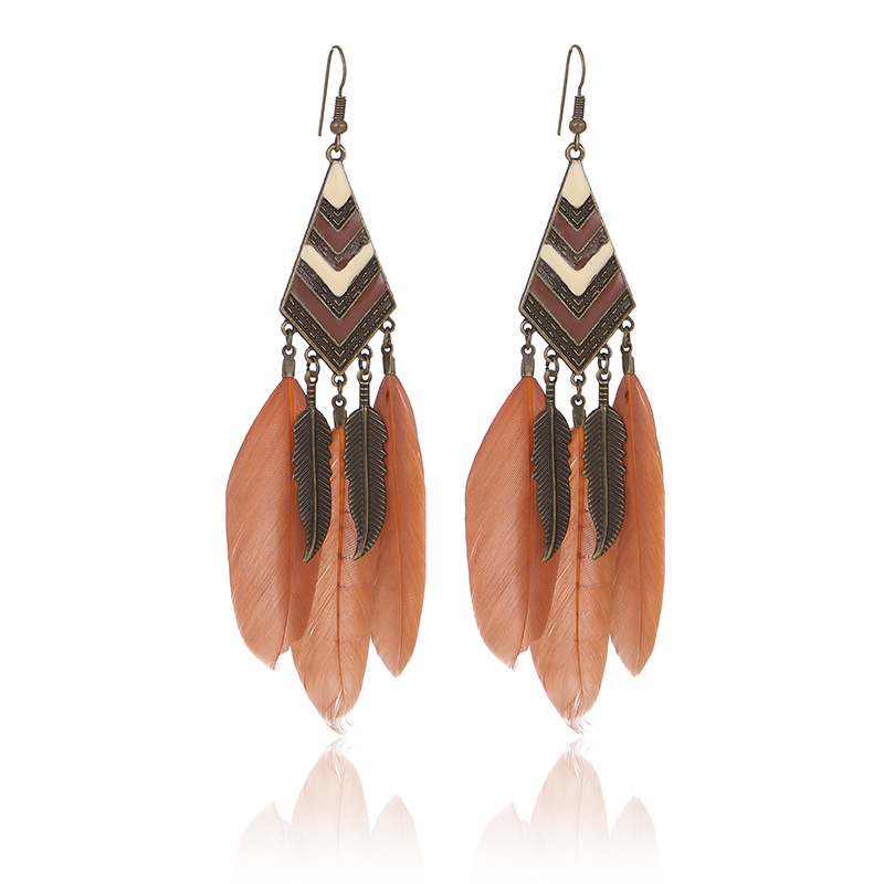 Fashion Leaves Diamond Long Tassel Feather Earrings Female Bohemian Jewelry display picture 1