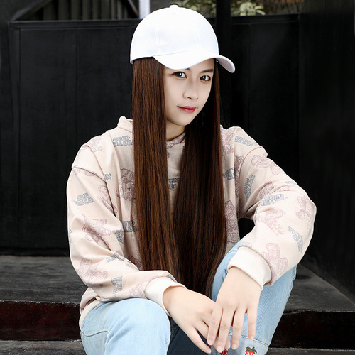 Wig with hat, one-piece long straight hair, fashionable new chemical fiber hair wig cap, European and American foreign trade factory wholesale