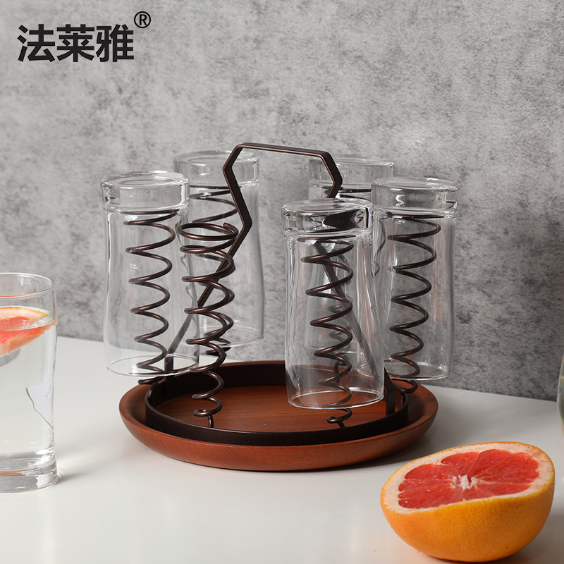 日式铁艺沥水杯架家用 手提水杯架带托盘杯子架 客厅厨房杯具收纳
