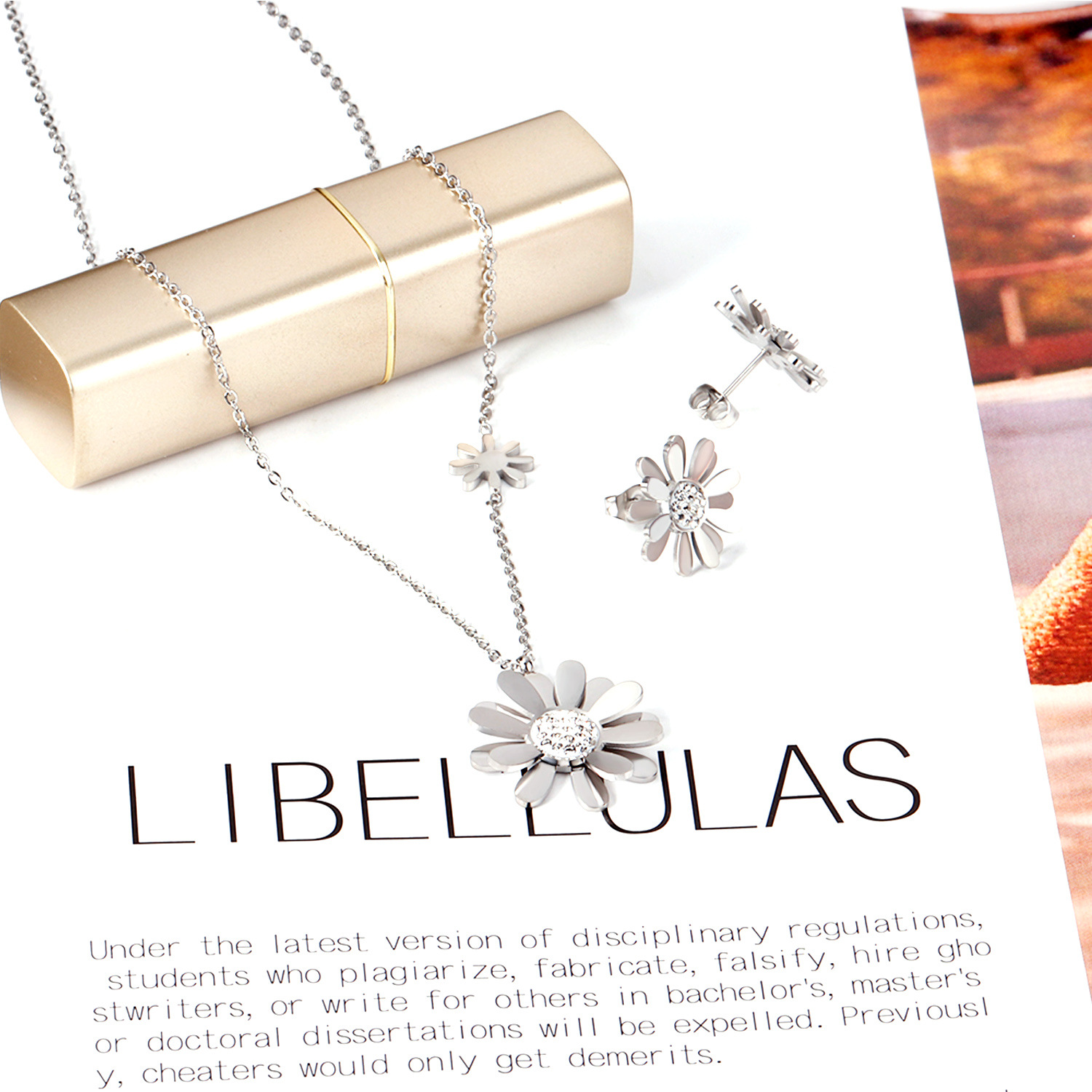 Simple Style Flower Stainless Steel Inlay Zircon Earrings Necklace 1 Set