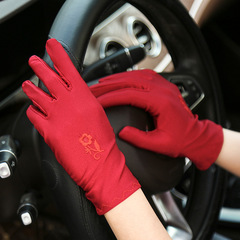 Pure Color Spandex Elastic Sun Protection Gloves for Women - Spring and Summer New Arrival - Flower Embroidery Formal Performance Driving Gloves