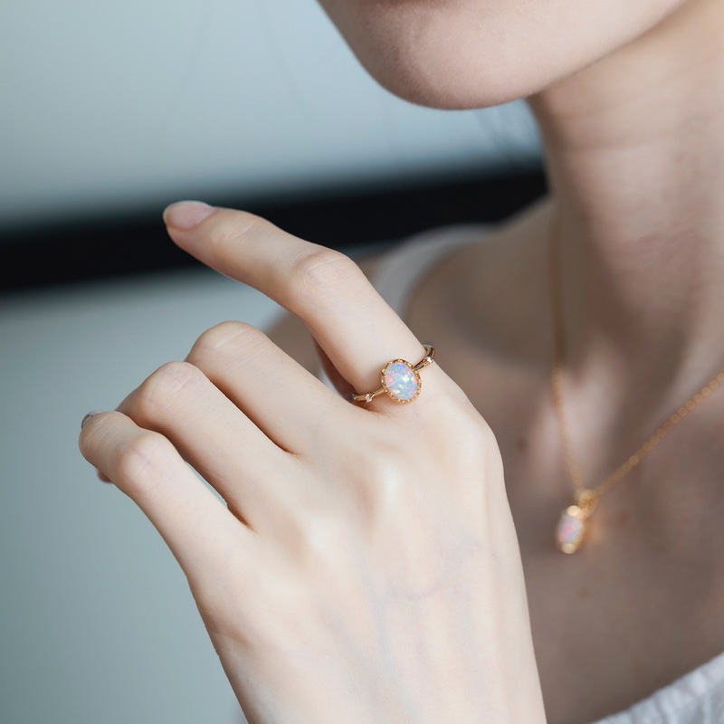 Plating Design Retro Egg-shaped Opal Geometric Female S925 Silver Plated 9k Gold Ring Wholesale