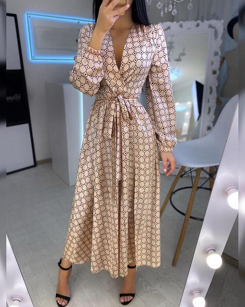 Popular V-Neck Geometric Print Waist Long Sleeve Swing Dress Lady Dress