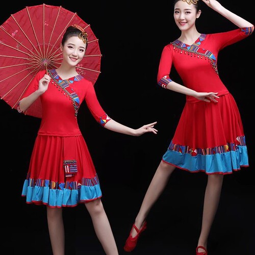 Fitness square dance sportswear classical Tibetan dance costumes stage performance costumes authentic red