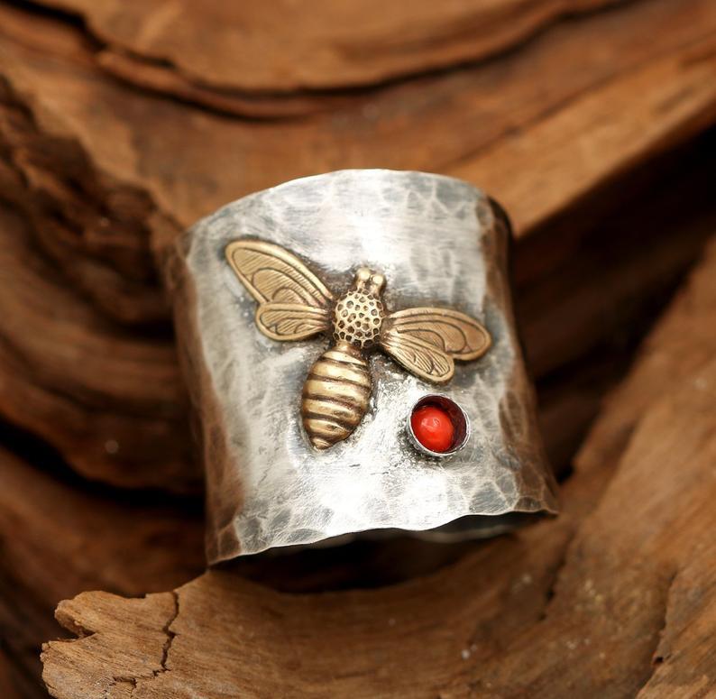 wish新款蜜蜂宝石戒指 欧美复古动物造型戒指指环跨境饰品