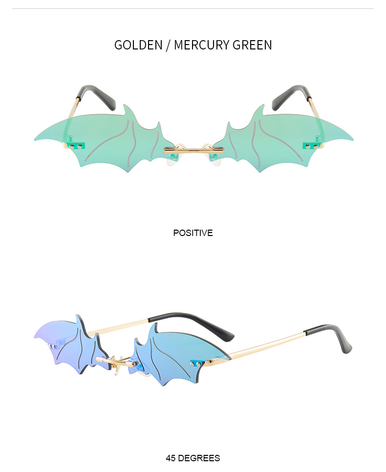 70g Weight Frameless Glasses Structure Sunglasses Classification PC, UV400 Protection Lens Material Special-Shaped Mirror Glasses Style Outdoor, Stage Occasion Halloween Festival Bat Pattern Unisex Gender Streetwear Style Gold Color Streetwear Bat PC UV400 Protection Special-Shaped Mirror Frameless Women's Sunglasses 12