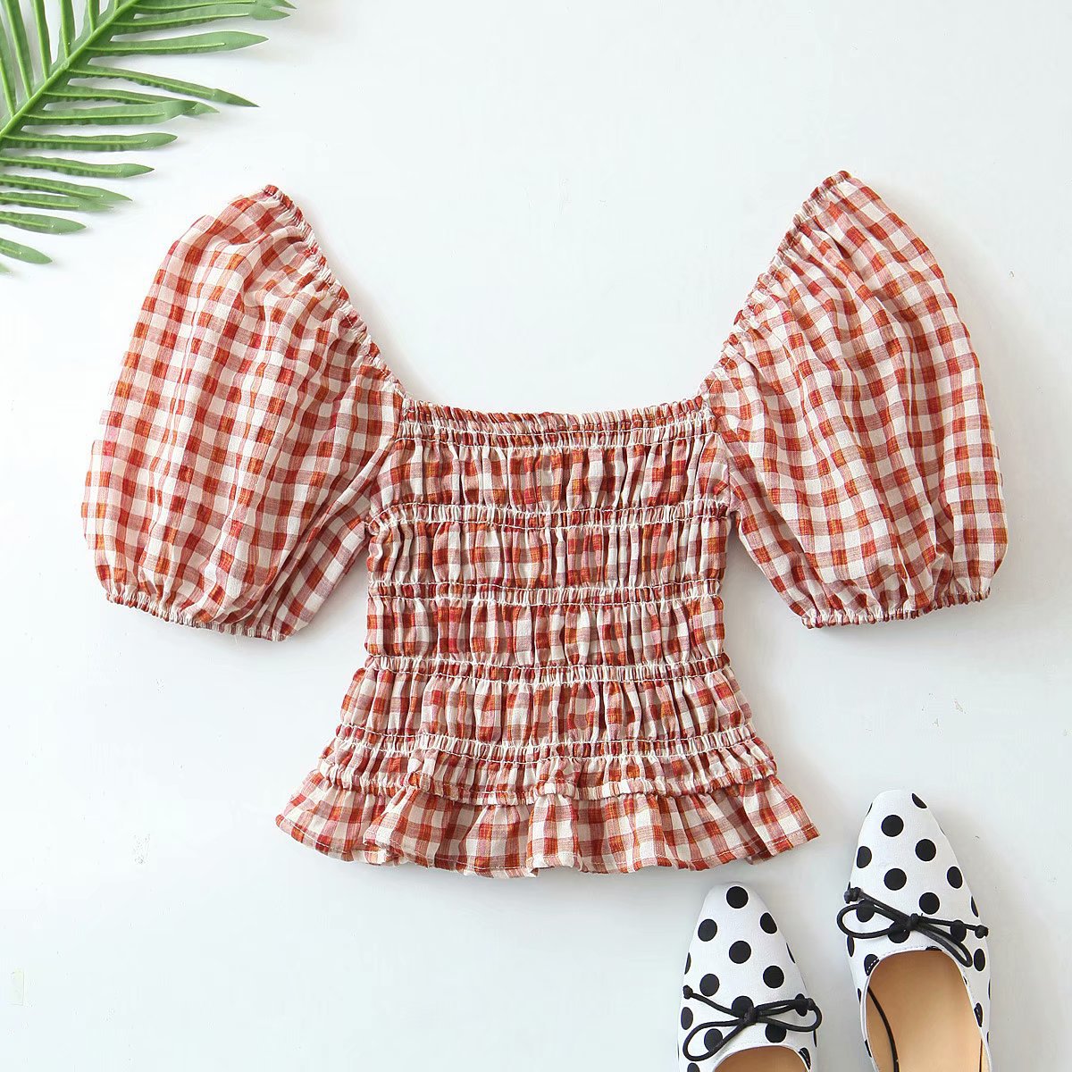 歐美2020夏季新品女裝法式複古方領修身顯瘦格紋短款襯衫小上衣潮