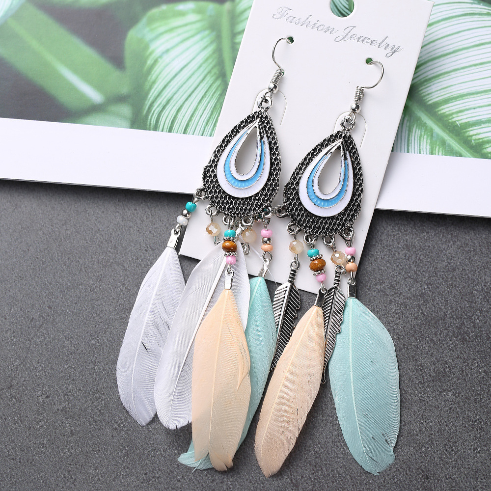 Vintage Water Droplet Leaf Feather Long Crystal Rice Beads Tassel Earrings display picture 2