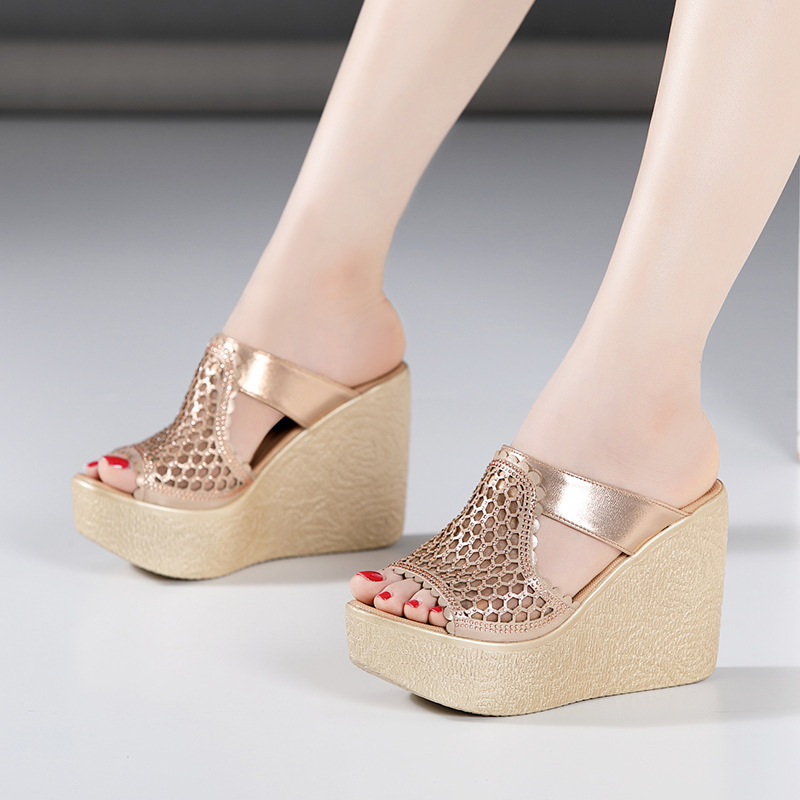 Dép cao gót siêu cao đế xuồng nữ hở mũi peep-toe, đế dày chống nước, size lớn, gót 11 cm — Màu vàng 11cm, Màu đen 11cm, Màu đen 8cm, Màu vàng 8cm