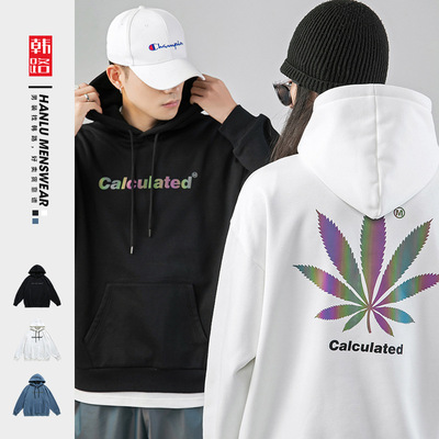 韩路日系男装 2021春新款连帽卫衣男七彩反光枫叶印花情侣外套潮|ru